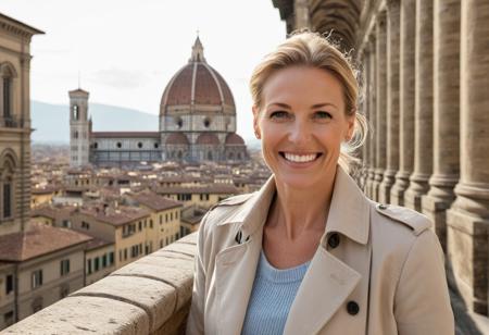 A single, hyper-detailed, ultra-high-resolution (8K) portrait of a 40-year-old woman with sleek blonde hair tied back. Real Face, natural teeth, no plastic face, subtle smile ,natural warm  skin texture, Her striking blue eyes, natural laugh lines, and subtle wrinkles convey a grounded, elegant charm. She wears a tailored beige trench coat layered over a soft cream sweater and fitted jeans. She stands confidently alone near a classic stone balustrade in Florence, with the majestic dome and intricate marble façade of the Duomo (Santa Maria del Fiore) rising behind her, bathed in warm, late afternoon Tuscan light. The image is composed with a shallow depth of field, focusing on her expression and presence while gently blending the iconic Renaissance architecture in the background.