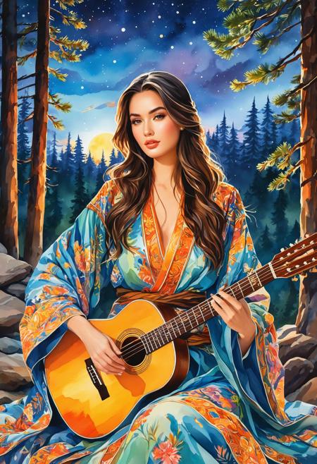 rating_safe, breathtaking detailed, masterpiece, absurdres, awe-inspiring, best quality, vibrant colors, watercolor, cutout collage, beautiful woman in traditional robe, blue eyes, 25 years, close up portrait, playing a wooden guitar, long dark hair illuminated by flickering firelight, (focused expression, soft amber highlights on her face), BREAK, surrounded by pine forest silhouettes under a twilight sky, faint stars and rising smoke in the background, BREAK, glowing embers drifting through the air, [tranquil and introspective atmosphere], BREAK, stylized color palette with warm orange and cool green contrast, cinematic lighting, gentle storytelling mood <lora:sdxl_ta86artstyle_water_cut.safetensors:0.8:0.8>