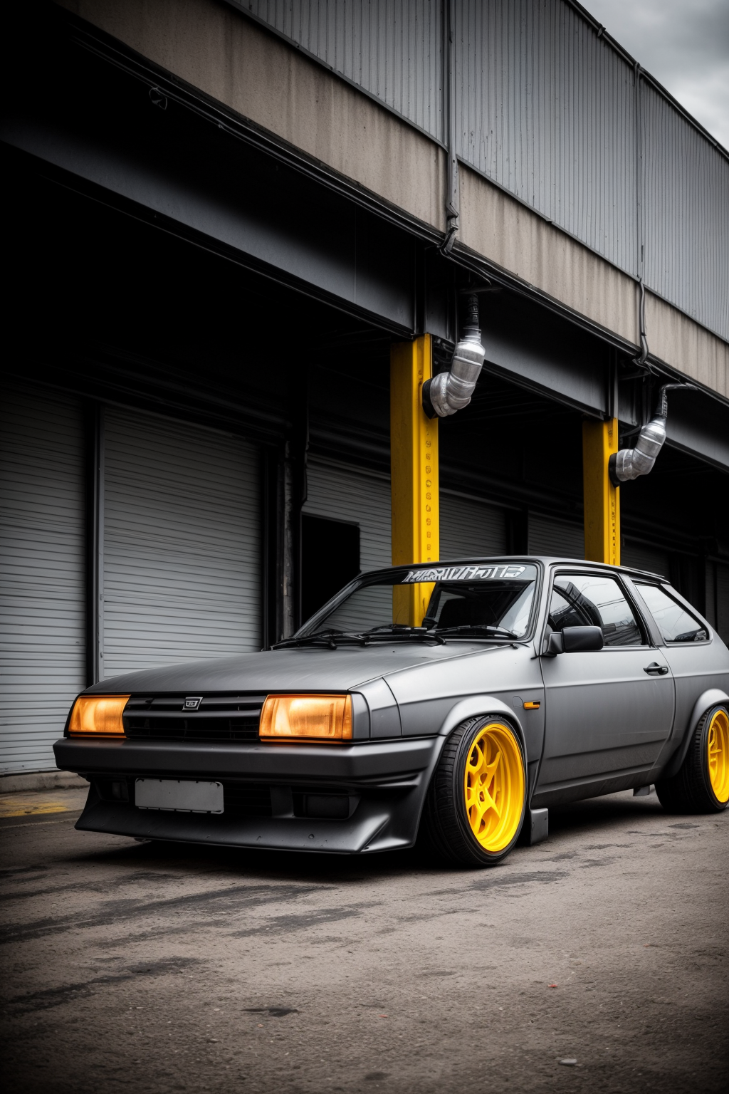 a matte gray cyberpunk vaz 2108 car with yellow pipes on sides on lowered suspension with silver work r14 rims parked in a dark garage, silver rims, bagged, stance, custom fender, wide body kit, with (retro stripe vinyls:1.2) on its sides, speedhunters, dslr photo, 35mm photo, low contrast, muted colors, cyberpunk mods, additional car accessories on sides, extra pipes going over car fenders <lora:vaz_2108:0.7>
