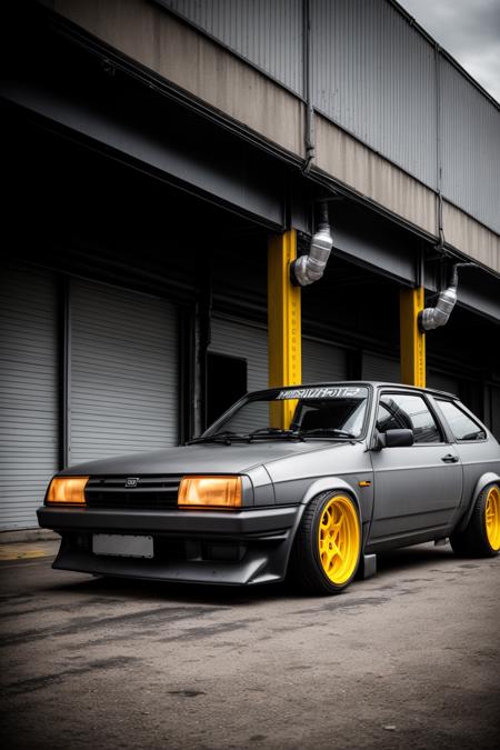 a matte gray cyberpunk vaz 2108 car with yellow pipes on sides on lowered suspension with silver work r14 rims parked in a dark garage, silver rims, bagged, stance, custom fender, wide body kit, with (retro stripe vinyls:1.2) on its sides, speedhunters, dslr photo, 35mm photo, low contrast, muted colors, cyberpunk mods, additional car accessories on sides, extra pipes going over car fenders <lora:vaz_2108:0.7>