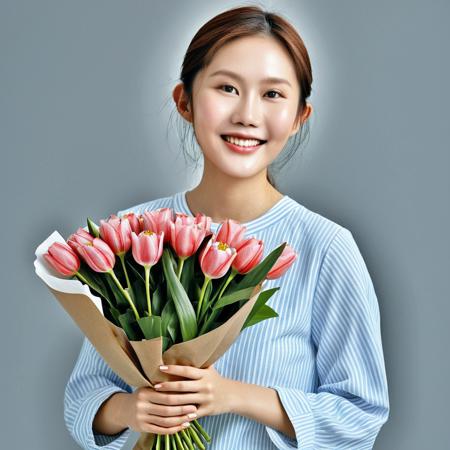(score_9, score_8_up, score_7_up),1girl, margaretwang, holding flowers, smile, (best-quality, masterpiece, masterful details, visual storytelling:1, realistic light), detailed face