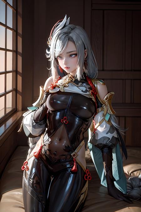 masterpiece, best quality,
,
 <lora:shenhe:0.8>,1girl,shenhe \(genshin impact\), grey hair,long hair,hair ornament, blue eyes,braided ponytail,puffy sleeves,gold trim,gloves,bodysuit,large breasts,breast curtain, shoulder cutout,covered navel,hip vent,clothing cutout, tassel,