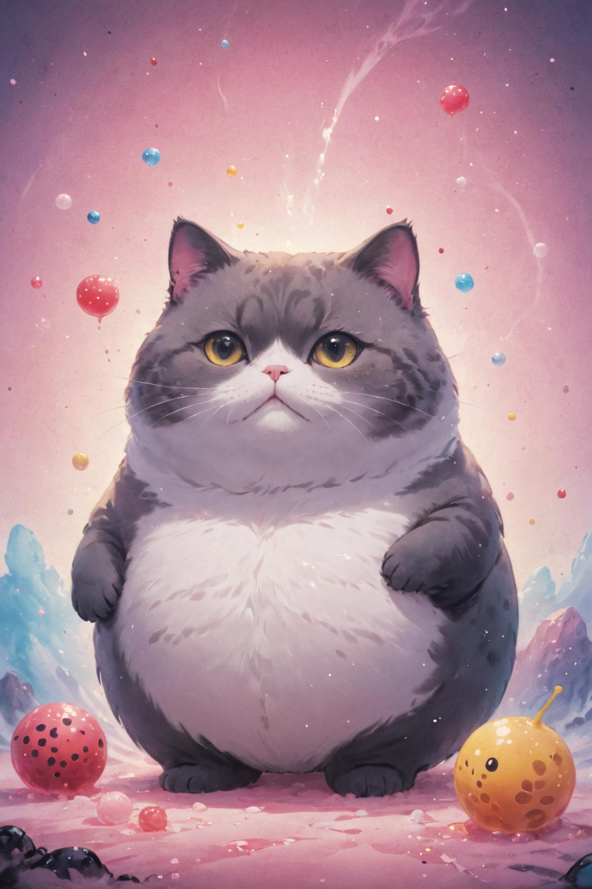 Fat Cat with Yellow Eyes Sitting on a Cloudy Background with Easter Eggs in the Sky