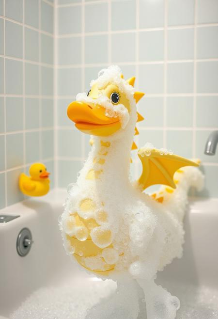 in a pastel bathroom with a rubber ducky, an adorable dragon made entirely of shampoo bubbles.