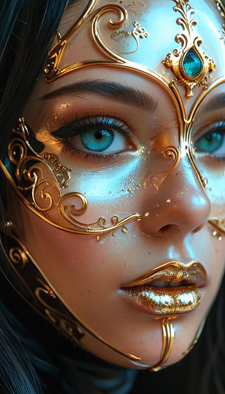 Close-up gorgeous goth girl face , cute, light tan,  (bangs), freckles, (striking large turquoise eyes), aligned eyes, mirror eyes, (half smile), (nose piercing),
BREAK,
(wearing transparent  Venetian Mask with intricate very detailed gold filigree), (thin detailed gold filigree), wavy hair, braid,
long lashes, trendy portrait,
tender Aesthetic nose, Aesthetic chin, ears, puffy lips, sensual lips, detailed texture, detailed eyes, detailed skin, clean skin,
<lora:Someplastic:1>, (ultra sharp focus:1.8), (detailed skin:1.8), (thin lines:1.8), (best quality:1.8),
<lora:Apparatus_-_Traction_City_Walkers_Vehicles:0.7>,
<lora:add-detail-xl:2> (ultra sharp focus:1.8), (detailed skin:1.8), (thin lines:1.8), (best quality:1.8),
<lora:glowneon_xl_v1:1>