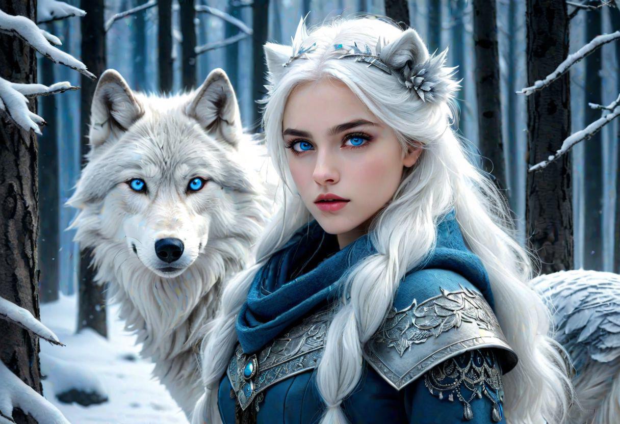 beautiful woman white hair blue eyes, winter, the wolf looks at her with devoted eyes, winter forest, HD, masterpiece, best quality, hyper detail, ultra detail, detailed fantasy, 4k, fantasy style, painterly style, high detail, low contrast, dull colors, exposure overlay, HDR, faded , super detailed, professional art, highly detailed