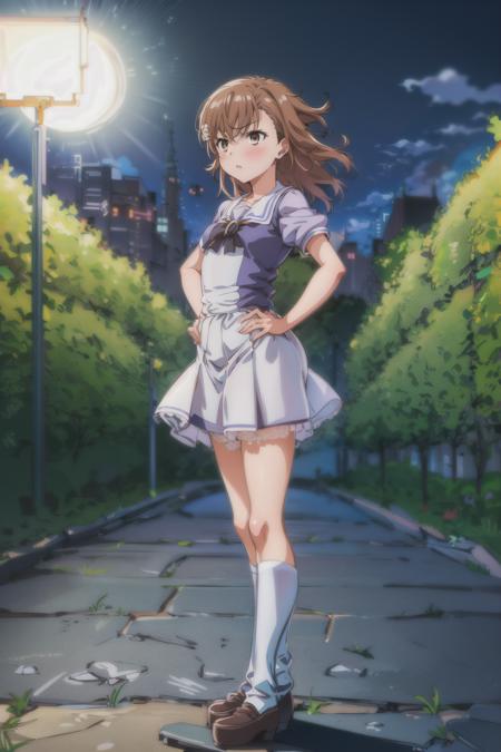 1girl, solo, masterpiece, best quality, <lora:MSKMKT:1>, MSKMKT, full body,  moonlight,  outdoors,  <lora:tracen_school_uniform_summer:1>,summer uniform, midnight, ,cityscape,looking afar,Leaning forward, hands on hips