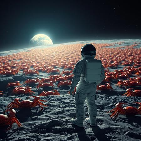 two astronauts standing on the moon, from behind, looking at the planet earth in the distance, the planet earth covered in many many colossal orange crabs,
