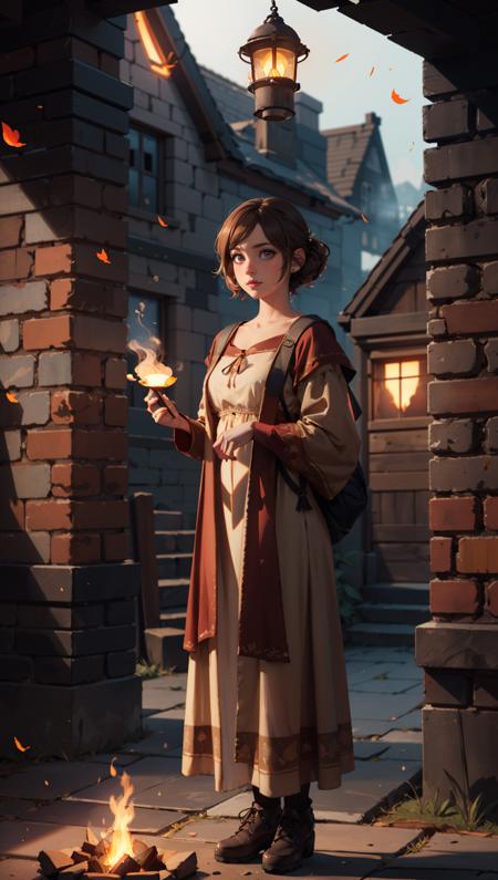 Surrealism, Medieval village with lanterns and floating embers, (style-medieval charm:0.9), hovering fire particles, glowing lantern, masterpiece, (historical realism:1.37), 28-year-old woman, chestnut brown hair, (hazel eyes), warm features, firelight, looking warmly at the viewer, (wearing medieval dress), (ember glow:1.5), ((full body shot, standing))., A style of drawing that uses traditional drawing tools and techniques to create visually striking and expressive pieces of art, portrait of a CGI animation character, magical background, bright natural lighing, backlighting, professional studio quality, looking at camera, large round cute detailed eyes, detailed, cute, adorable, intricately detailed, fantasy art, digital painting, highly detailed, CG render, octane, bokeh, 4k, 8k, 8mm, unreal engine 3d, expressive, dramatic, organic lines and forms, dreamlike and mysterious, Surrealism