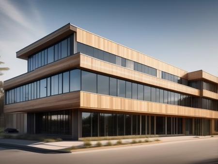 NewArchitecture,  commercial building, full building, mix of wood and concrete