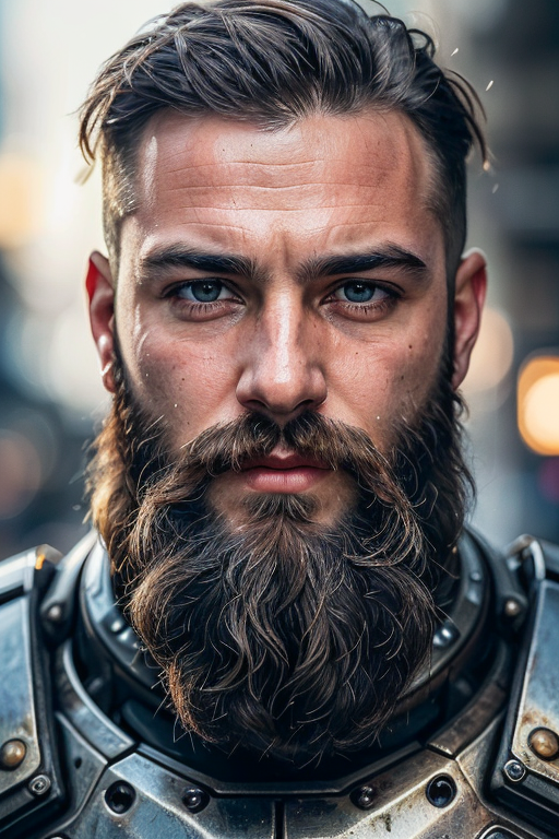 Portrait photo of muscular bearded guy in a worn mech suit, ((light bokeh)), intricate, (steel metal [rust]), elegant, sha...
