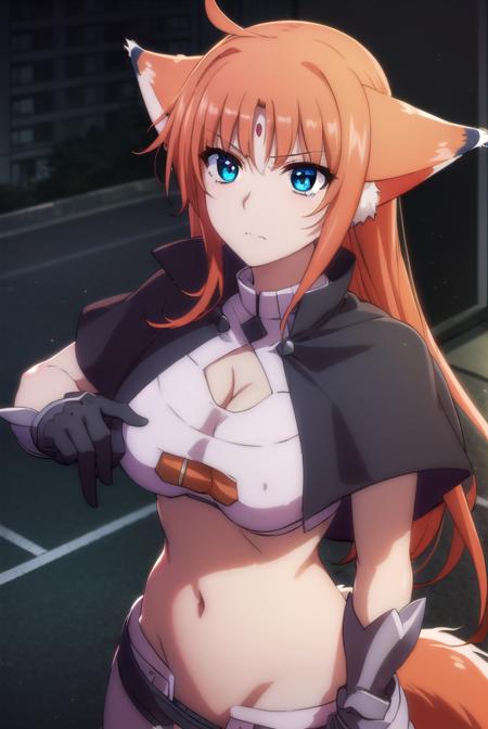 arf testarossa, long hair, blue eyes, orange hair, forehead jewel, animal ears, wolf ears, gloves, navel, cleavage, tail, midriff, fingerless gloves, cleavage cutout,