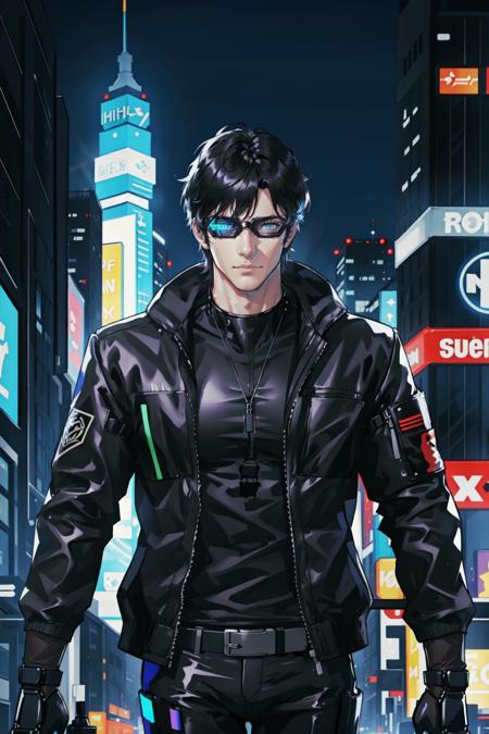 masterpiece, best quality, 1 male, adult, handsome, tall muscular guy, broad shoulders, finely detailed eyes and detailed face, extremely detailed CG unity 8k wallpaper, intricate details, Cyberpunk, motorcycle, goggles, holographic, black jacket, intense run, speed, night city, neon sign, skyscraper, depth of field