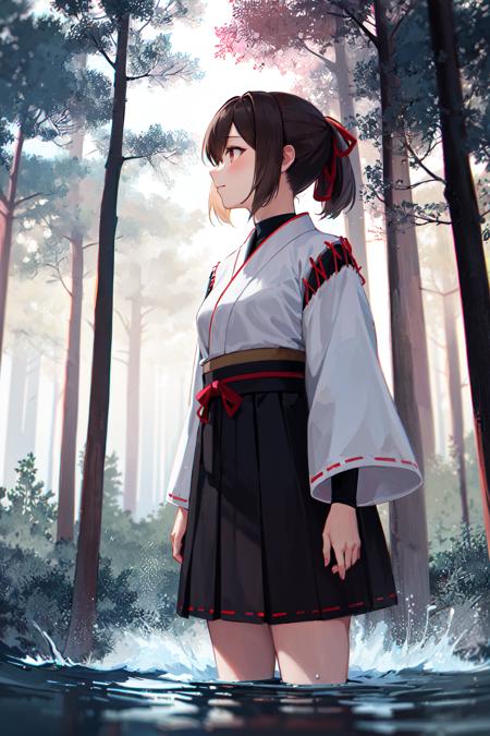 masterpiece, best quality, highres, hyuugaise, short hair, ponytail, hair ribbon, japanese clothes, long sleeves, hakama skirt, black skirt, <lora:hyuuga_&_ise_v1:0.8>, standing, water, forest.