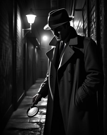 A detective in a classic trench coat and fedora, examining a clue with a magnifying glass. The scene is set in a dimly lit, narrow alley with graffiti-covered walls and flickering streetlights. The art style is noir with high contrast and deep shadows, emphasizing the dramatic and mysterious atmosphere. high resolution, sharp details, realistic lighting.
