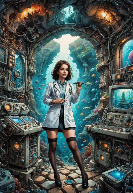 ink art, line art. High quality, colourful, fantasy artwork poster. a large rectangular window is set into the wall of a large cave  revealing a panoramic underwater scene. A female technician, of advancing years, in a short white lab coat, black mini skirt and stockings is standing, holding a clip board in front of an array of scientific equipment with monitors and instrument panels.