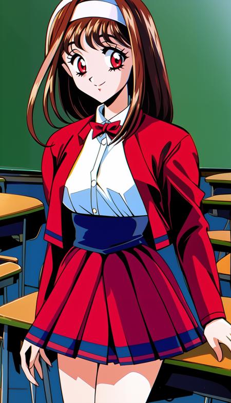 1girl, solo, cowboy shot, 1990s \(style\), retro artstyle, light smile, closed mouth, classroom,
<lora:mizuho_yuuki_01:1>, mizuho yuuki, brown hair, hairband, red eyes,
school uniform, blazer, pleated skirt, red skirt, red jacket, white shirt,