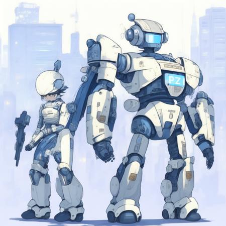 anime Robot Police standing in the Street (MechaLabor style:1) <lora:djzMechaLabor:0.8)