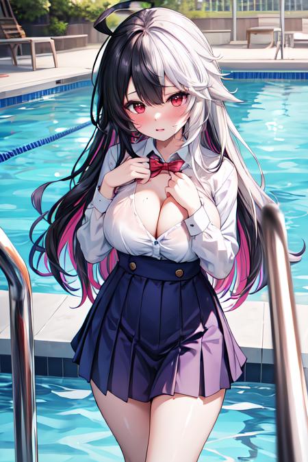 <lora:add_detail:0.5>,masterpiece,best quality,highres,pool,looking at viewer,<lora:Paloma-09:0.8>,aspaloma,black hair,ahoge,long hair,multicolored hair,white hair,purple colored inner hair,school uniform,cleavage,large breasts,wet,blush,hand on own chest,