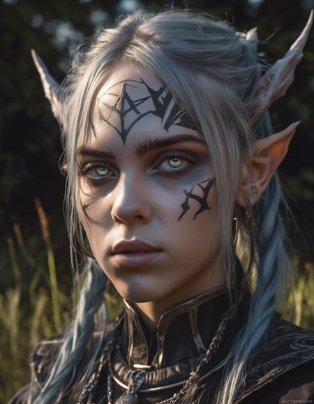 bust shot of (ohwx woman) <lora:Billie_lora_sdxl_v4-000008:1> a dark elf witch in field, sunny, highly detailed, d & d, fantasy, highly detailed, digital painting, trending on artstation, concept art, sharp focus, illustration, global illumination, ray tracing, realistic shaded, art by artgerm and greg rutkowski and fuji choko and viktoria gavrilenko and hoang lap