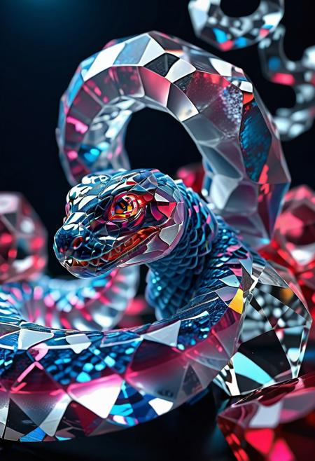 Ultrarealistic. sharp focus, dynamic lighting. play of light, reflection, refraction, Raytracing, Ultra detailed. crystalized. A blue snake made of rp_slgd.