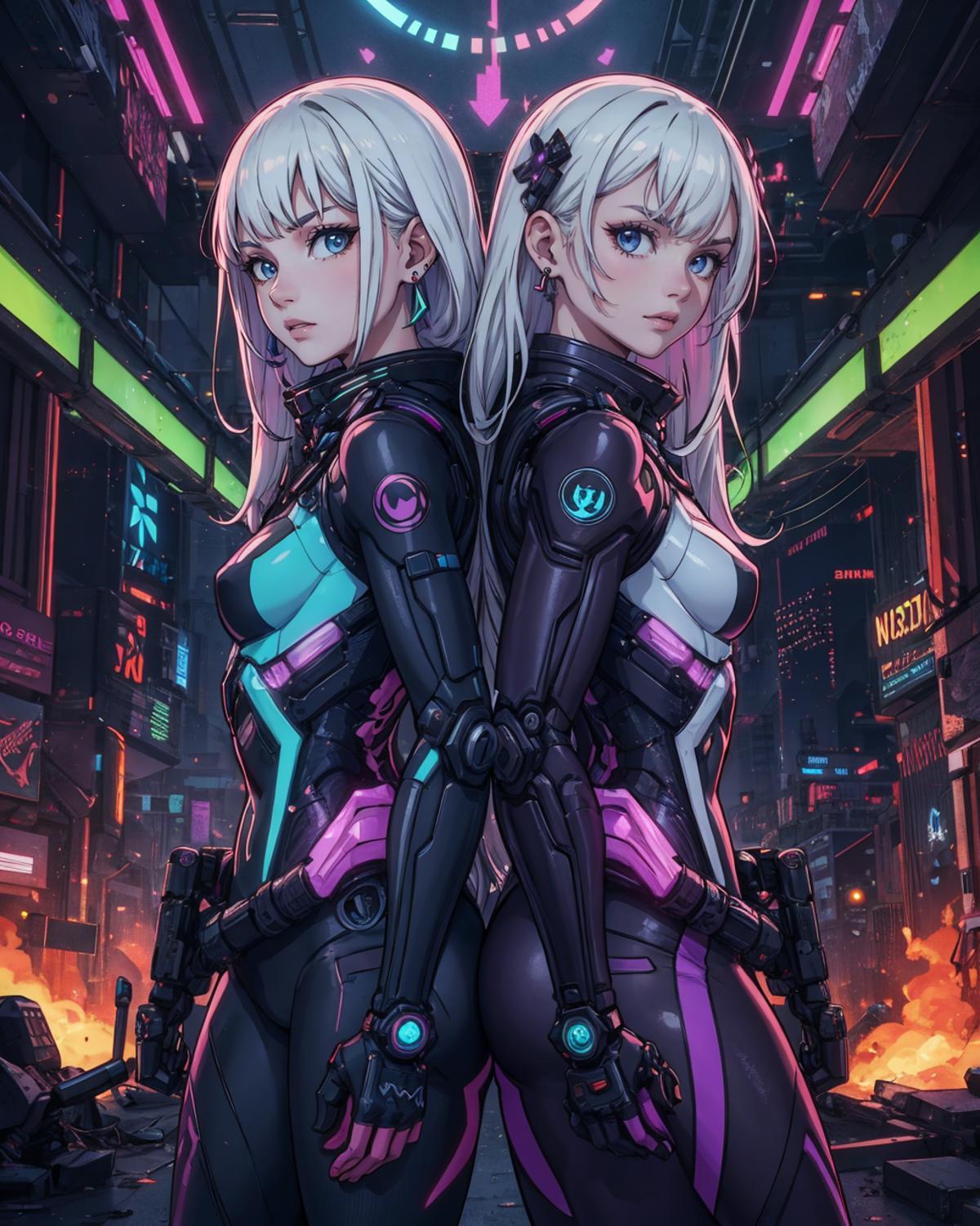 Two women in futuristic outfits holding weapons in a city setting.