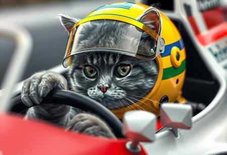 (masterpiece:1.2), (best quality:1.2), (realist), highly detailed, realistic texture, sharp details, extremely delicate and beautiful, realistic cg 8k wallpaper, cat driving a Formula1_car, [[gran prix]], [tabby cat], [[[grey cat, green eyes, white cheeks]]], [focus on eyes], wind on face, high-speed drinving,  cat using a helmet, njhmmmmmmkj [[[paw on steering_wheel]]], [[yellow helmet with blue and green horizontal lines]], Ayrton Senna,[1989_McLaren], [McLaren MP4/5], [[[marlboro_brand]]], [(/white:1.1/)/(red:0.5/)/(black:0.2/) car], [[slightly side view]]
<lora:add-detail-xl:3>