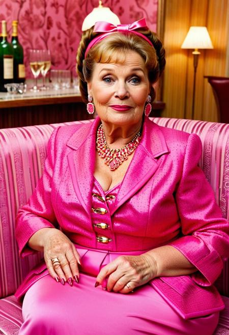 [7-cgifaces], 
A highly detailed best quality photography from the (year 1986:1.5) shows an (elderly:1.1) woman in a contemporary bar room. She leans lasciviously on a modern chaise longue, half sitting, half lying down. She strongly looks at the viewer with a demeaning and arrogant smile on her face. 
Her (wrinkly:1.3)( matured:1.2) very Scandinavian face full of character with (narrow-set) wide open light eyes, (cute snubnose:1.8), dimples, (freckles:1.5), (double chin:1.7), (wide lower jaw:1.8) and a (heavy underbite:1.8) is (odd:1.6) but tells the interesting story of her live. Her aged skin is wrinkled and shows agespots. She has elaborately coiffed intricate ginger braids with (pink streaks) and a pink headband. She wears a necklace, cheap pink plastic Creole earrings and pink plastic bangle bracelets. Her flashy and extravagant (1980s style outfit:1.5) with a broad pink belt and a golden corset results a deep strongly wrinkled cleavage. 
She has an (obese:1.5) body along with a (curvy figure:1.5), (extreme wide hips:1.7) and a small waist. The room is lined with pink wallpaper and 1980s style furniture. Wall lights create an intimate, subtle lighting atmosphere.