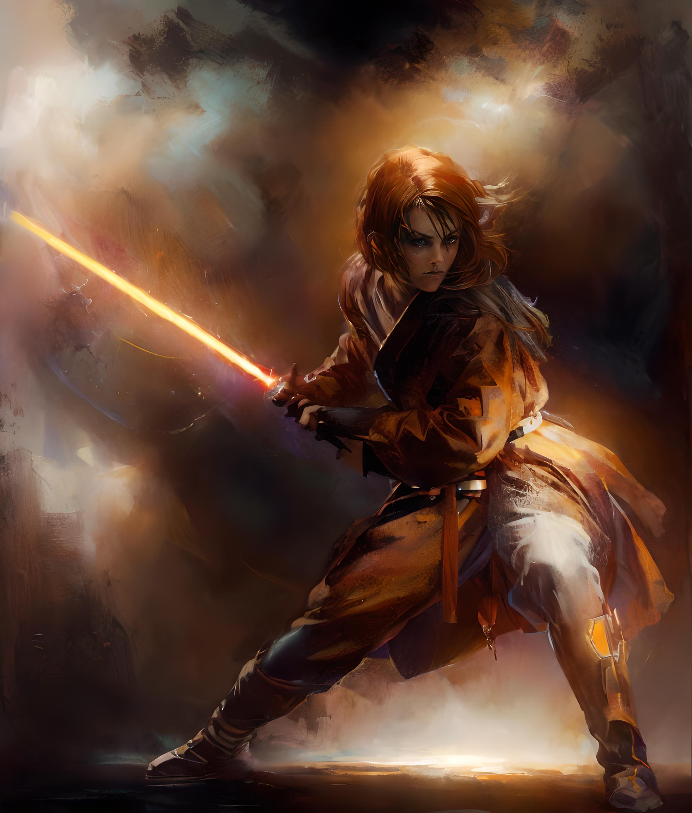 A woman dressed in brown and orange holding a red light saber.