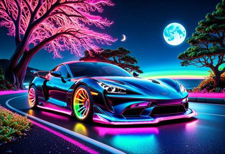 vibrant colors, shiny_skin, prefect lighting, detailed image, snoozing, masterpiece, best quality, highly detailed, ultra quality, 3DMM, <lora:coralbugXL:1>, coralbugXL, ((Rainbow theme, RGB lights, Rainbow coral)), 
(Sports car), 
On the road, outdoors, neon lights, glowing, sea, tree, night, moon, moonlight,