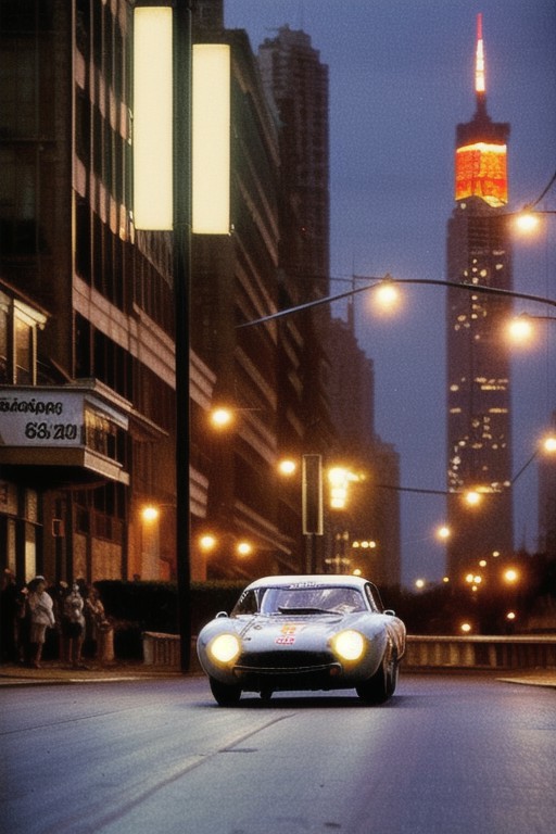 The racing car on the street, night lights, 1970, midnight, megapolis