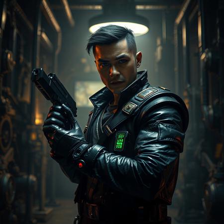"A cinematic scene featuring Shien's Footsoldier (from X-Men) in a dimly lit industrial room filled with steampunk machinery. Dressed in sleek black leather combat gear, he grips a futuristic pistol, poised for action with a stern expression. Soft volumetric lighting highlights his face and outfit, emphasizing hyper-detailed textures: weathered leather, metallic gadgets, and glowing holographic HUD elements. In the blurred Gothic-style Ghostrick Mansion background, a faint Rescue Hedgehog silhouette lurks, rendered in muted greens and grays. Stylized with Unreal Engine 5 realism, dramatic chiaroscuro shadows, and Octane Render gloss. Composition blends gritty cyberpunk aesthetics with Alphonse Mucha’s Art Nouveau flourishes—flowing lines, gold accents, and intricate machinery patterns. Trending on ArtStation, 8K HDR, golden ratio framing, dynamic Dutch angle. Matte painting depth, cinematic depth-of-field, and retro sci-fi grit reminiscent of Blade Runner. Hyper-realistic pores, fabric wrinkles, and weapon detailing. Color palette: noir blacks, neon crimson highlights, and oxidized copper tones."