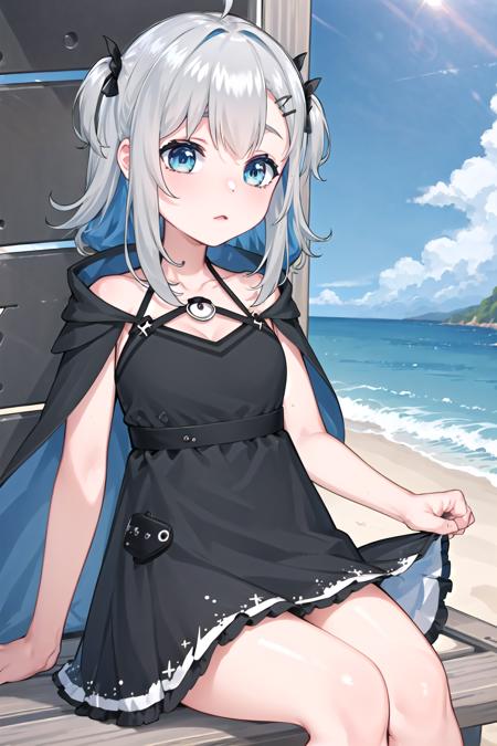 (masterpiece, best quality), 1girl, solo, beach. sunlight
<lora:yuaVR_all:0.6>, yua-dress, black dress, two side up, hood, sitting