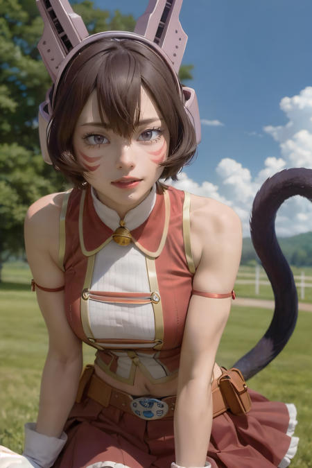 mandalay, brown eyes, bangs, brown hair, facepaint, hair between eyes, headgear, fake animal ears, short hair, neck bell, whisker markings, sleeveless, midriff, animal hands, paw gloves, tail, cat tail, red skirt