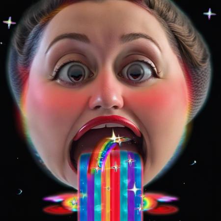 ukj style digital art,  floating  face, plump red lips, floating eyes,  with wide long rainbow stream, open mouth, outer space in background, best quality, 8k <lora:rainow_sdxl_ukjstyle_v111602-000003:1>