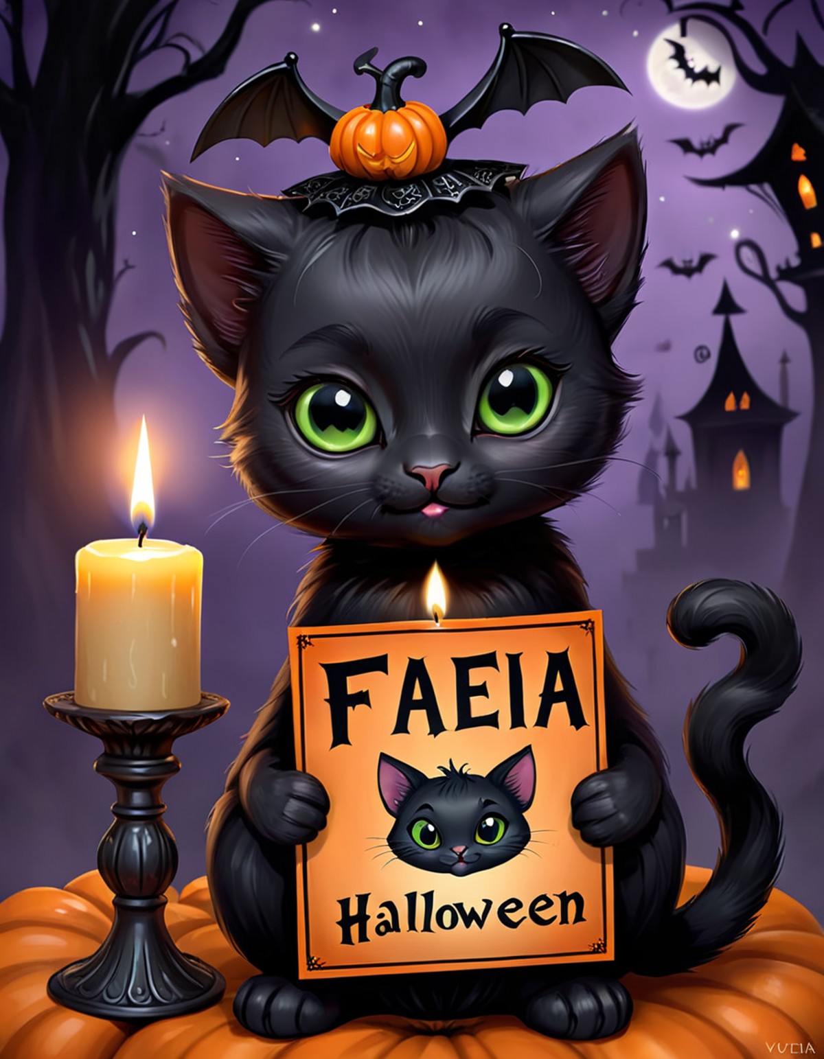 an adorable black kitty candle that is holding a sign that says FAEIA, digital art, Halloween theme, adorable,  <lora:Cute...