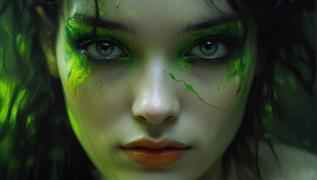 Lush fantasy, Yoji Shinkawa, Ashley Wood, fractal style, color burst, vivid colors, hyper detail. a close-up portrait of a young woman's face. She has a dramatic and eerie look with green and dramatic makeup. Her eyes are a green. Her hair is styled in loose waves and falls over her shoulders. The background is dark and out of focus, making the woman the focal point of the image. The lighting is dramatic.
