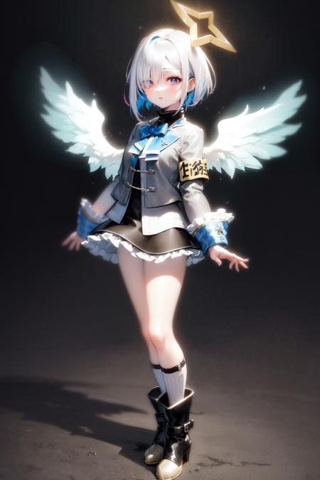 best quality, highres, 1girl, amane kanata, star halo, virtual youtuber, solo, wings, halo, feathered wings, angel, angel wings, multicolored hair, colored inner hair, asymmetrical hair, single hair intake, purple eyes, armband, short hair, blue hair, grey hair, boots, socks, long sleeves, grey jacket, skirt, bob cut, jacket, streaked hair, bangs, frills, black footwear, wide sleeves, white wings, mini wings, black skirt, hair over one eye, frilled skirt, blue socks, sleeves past wrists, turtleneck dress, short dress, miniskirt, blue wings, <lora:amane_kanata_(short_hair)_v1:0.6>