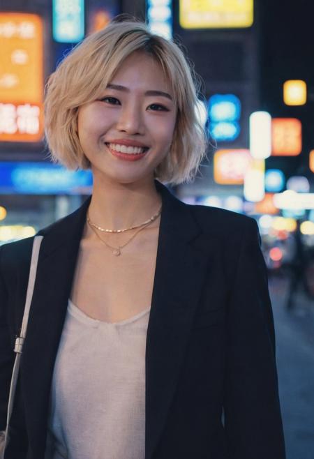 A beautiful female model, Japanse, with short blonde hair, wearing beautiful makeup, a black suit, casual wear, in a Japanese city center, night, blue filter, Bokeh, smiling, nostalgic, detailed, UHD, DSLR, soft lighting, the 1990s, VHS footage