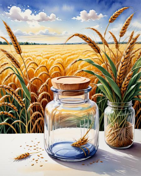 concept art (Ultrarealistic:1.3) <lora:FF-WEEK2-MJ-NEW:1> a watercolor illustration of a glass jar with wheat, full color illustration, by Yang Borun, by Adrienn HencznÃ© DeÃ¡k, by VerÃ³nica Ruiz de Velasco, colored pencil illustration, by Karel KlÃ­Ä, by LÃ­viusz Gyulai, by MiklÃ³s BarabÃ¡s . digital artwork, illustrative, painterly, matte painting, highly detailed