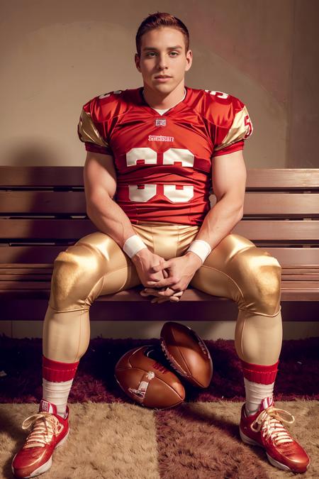 an American football locker room, (sitting on a bench), legs spread open, muscular DylanRoberts, American football player wearing American football uniform, American football shoulder pads, (red jersey:1.4), masterpiece, slight smile, (pale gold football pants and pads:1.4), (((full body portrait))), full body shot, (red socks:1.2), (sneakers:1.2), <lora:DylanRoberts:0.8>