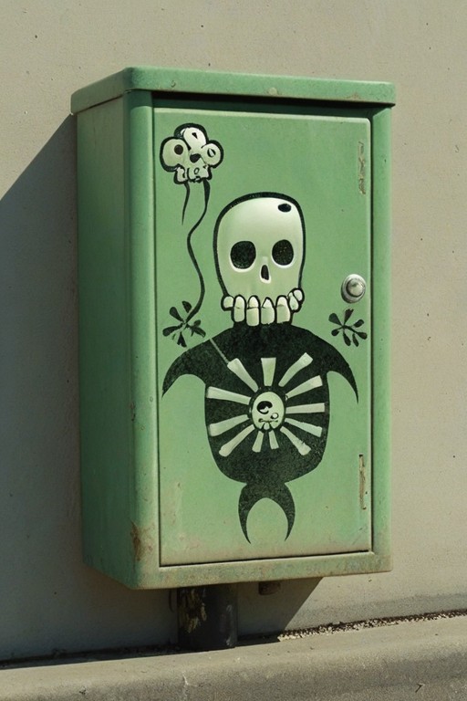 a realistic photo of a green electrical utility box with graffiti on it of a skelewag figure, skelewag style <lora:Skelewa...