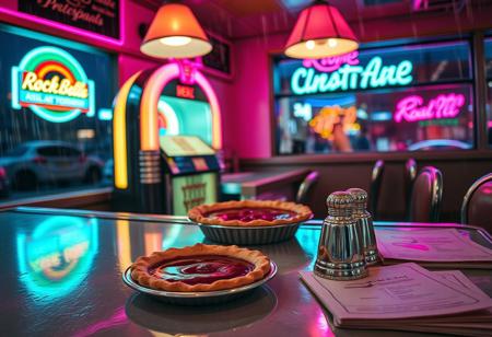 Nostalgic Diner at Twilight
Photographed with a Canon R6 using an f/2 lens, the diner glows in pink and teal neon lights, chrome surfaces reflecting vibrant colors as daylight fades.
A classic jukebox plays rockabilly tunes, competing with traffic sounds outside. At the counter, a barely touched slice of cherry pie waits beneath a hanging lamp, the crust glistening invitingly. Rain streaks the windows, blurring exterior neon signs into abstract patterns. Chrome barstools reflect distorted, colorful lights. Menus with faded edges sit neatly stacked near old-fashioned salt and pepper shakers, capturing a quiet moment between rushes.