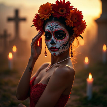Create a mesmerizing, photorealistic  wide angle, full body image of a stunningly beautiful, athletically built,  powerful dances body, graceful, lithe, and nubile Latina woman adorned in intricate sugar skull makeup, vibrant colors reflecting the spirit of Día de los Muertos. Her expressive eyes sparkle beneath a crown of marigold and crimson flowers, contrasting beautifully against the vivid patterns painted on her face. The background is a softly blurred cemetery at sunset, casting warm golden hues that gently illuminate her features. A thick, aromatic mist lingers in the air, enhancing the magical atmosphere. Her posture is both proud and graceful, with one hand elegantly raised to touch her face, inviting the viewer into her world. Surround the scene with delicate candlelight flickering in the twilight, glowing softly against the deepening blue of the dusk sky.
