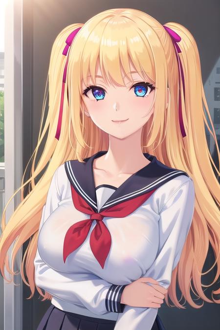 Tsugui Fumika blonde hair,long hair,twintails,two side up,hair ribbon,purple ribbon,sidelocks,bangs,blue eyes collarbone,school uniform,black sailor collar,white shirt,red neckerchief,large breasts,skindentation,impossible clothes,long sleeves,miniskirt,pleated skirt,black skirt,zettai ryouiki,black thighhighs,loafers