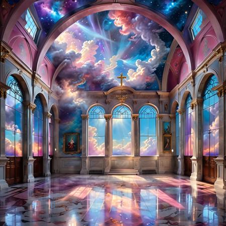 Hyperrealistic hall detailed with religious overtones,rays of sunlight shine through the windows,ethereal cloud angels with shimmering outlines,vast sky with swirling galaxies,cosmic colors (purples, blues, pinks),dramatic lighting,mystical atmosphere,majestic,creation,(Michelangelo impression),masterpiece,highly detailed,<lora:RMSDXL_Enhance:0.8>,<lora:RMSDXL_Creative:0.8>,<lora:xl_more_art-full_v1:0.8>,<lora:add-detail-xl:0.8>,