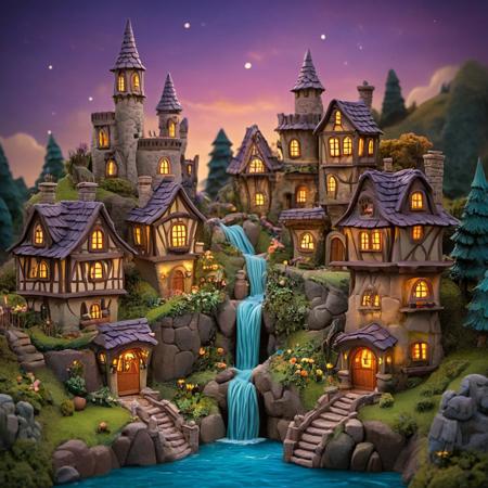 (novuschroma51 styleA breathtaking magical world where everything is sculpted from smooth,) colorful clay. Rolling hills, towering castles, and enchanted forests are crafted with soft, rounded details, giving a handcrafted and playful charm. Tiny clay villages with whimsical houses, glowing lanterns, and cobblestone streets stretch across the landscape. In the center, a majestic clay waterfall flows like liquid magic, glowing faintly with an ethereal shimmer. The sky is painted in soft pastel hues, with floating clay islands drifting gently above. Throughout the scene, charming clay figurine characters—knights, wizards, fairies, and mythical creatures—move as if alive, their expressions full of warmth and wonder. The lighting is soft and enchanting, casting gentle shadows that enhance the handcrafted textures. The entire world feels like a living fairytale, bursting with imagination and magic.