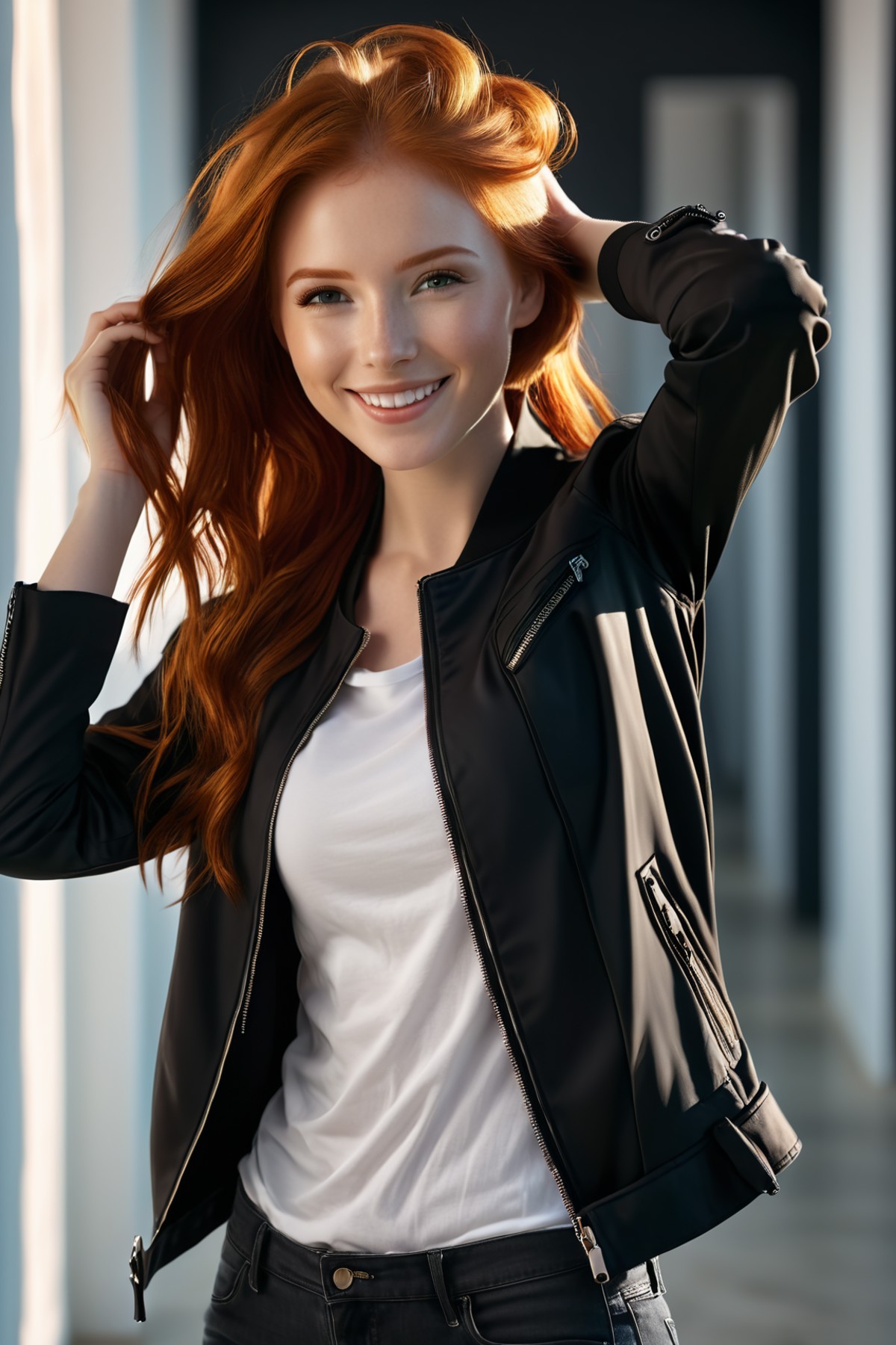 A beautiful red haired girl smiles, open black jacket, white t-shirt, adjust her hair,
 (masterpiece:1.2), (best quality:1...