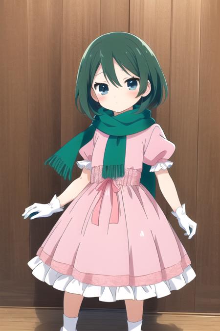 mannenrou green hair blue eyes scarf puffy sleeves gloves