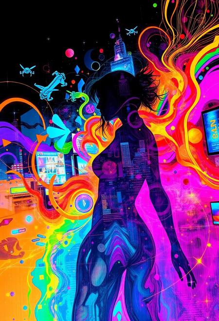 Abstract drawing, the woman's silhouette barely perceptible, soft ghostly outline dissolving into the background, a stunning explosion of colors—vivid oranges, azure blues, hot pinks, neon purples, and electric greens swirl and flow like liquid, merging in chaotic yet harmonious waves. Futuristic elements emerge—floating geometric shards, neon circuitry spiraling in and out of focus, holographic patterns shifting, glowing abstract symbols flickering. The silhouette hints at a figure, abstract lines suggesting arms and a face, but it’s fragmented, almost dissolving. Neon streaks of light burst from the silhouette, merging into a fractal network of wires and glitching data streams. Fragmented cityscapes and neon billboards peek through the chaos, distorted and bending like reflections in a rippling surface. Floating orbs, futuristic drones, and holographic dragon shapes twist through the vibrant scene, dissolving into waves of energy. Psychedelic layers pulse with brightness, creating depth. The entire scene radiates energy, dreamlike and disorienting, an abstract fusion of digital beauty and chaos.